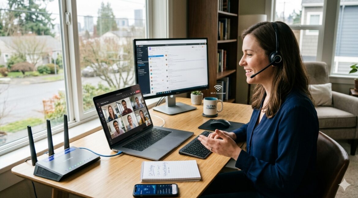 Business professionals using telecom services for remote and hybrid workplace communication and collaboration