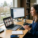 Business professionals using telecom services for remote and hybrid workplace communication and collaboration