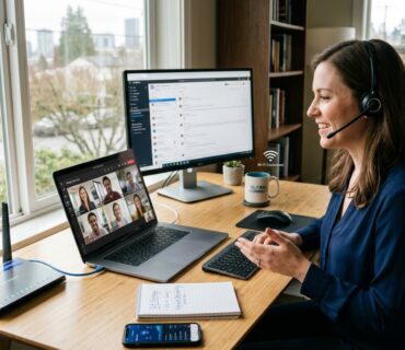 Business professionals using telecom services for remote and hybrid workplace communication and collaboration